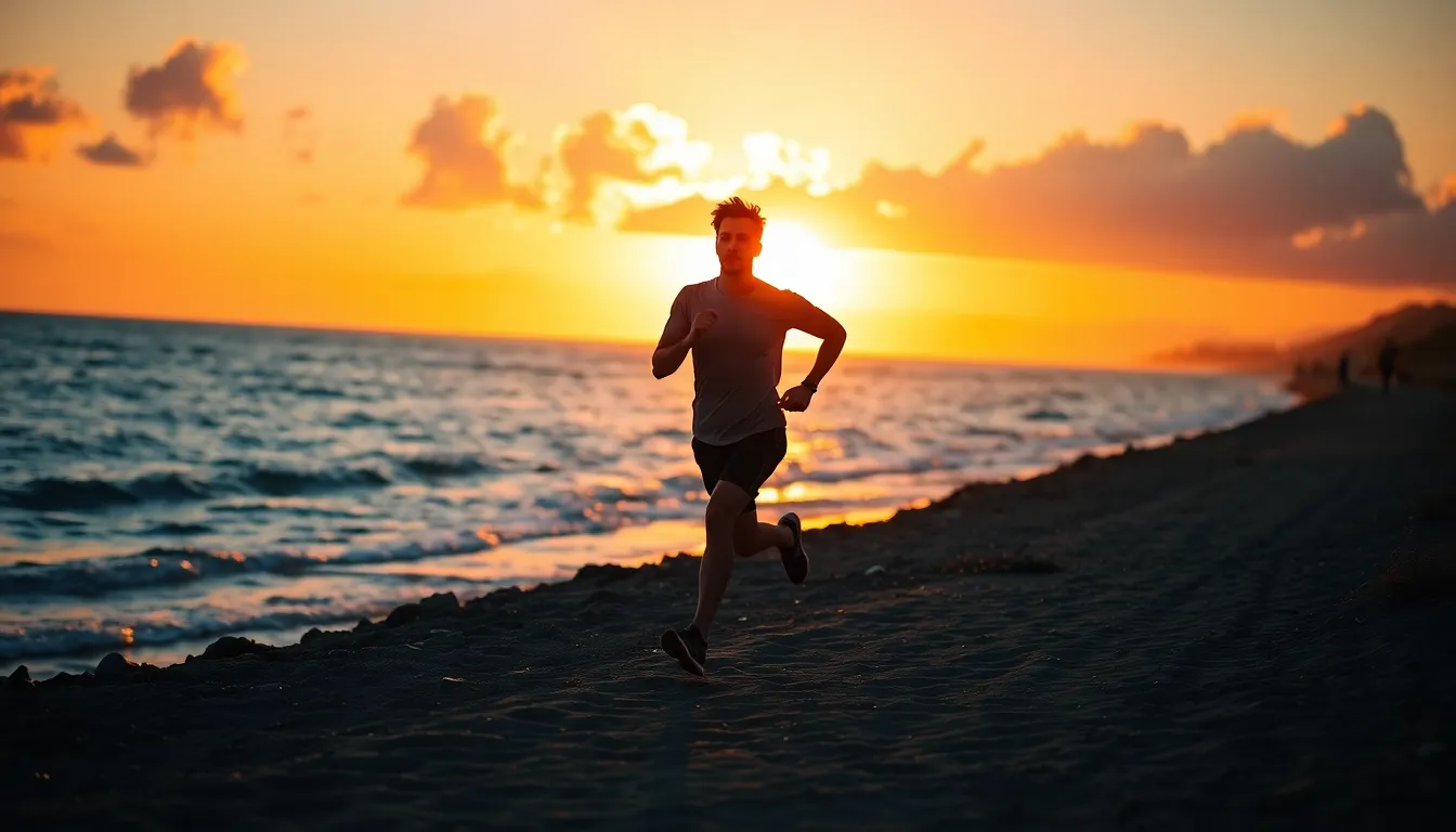 This stunning image captures a runner sprinting along a beautiful coastal path during a vibrant sunset. The warm golden hues of the sky beautifully contrast with the tranquil blues of the ocean, creating a vivid atmosphere. The runner is framed dynamically on the path, showcasing motion and determination. The soft bokeh in the background adds depth, immersing the viewer in this serene yet energetic moment.