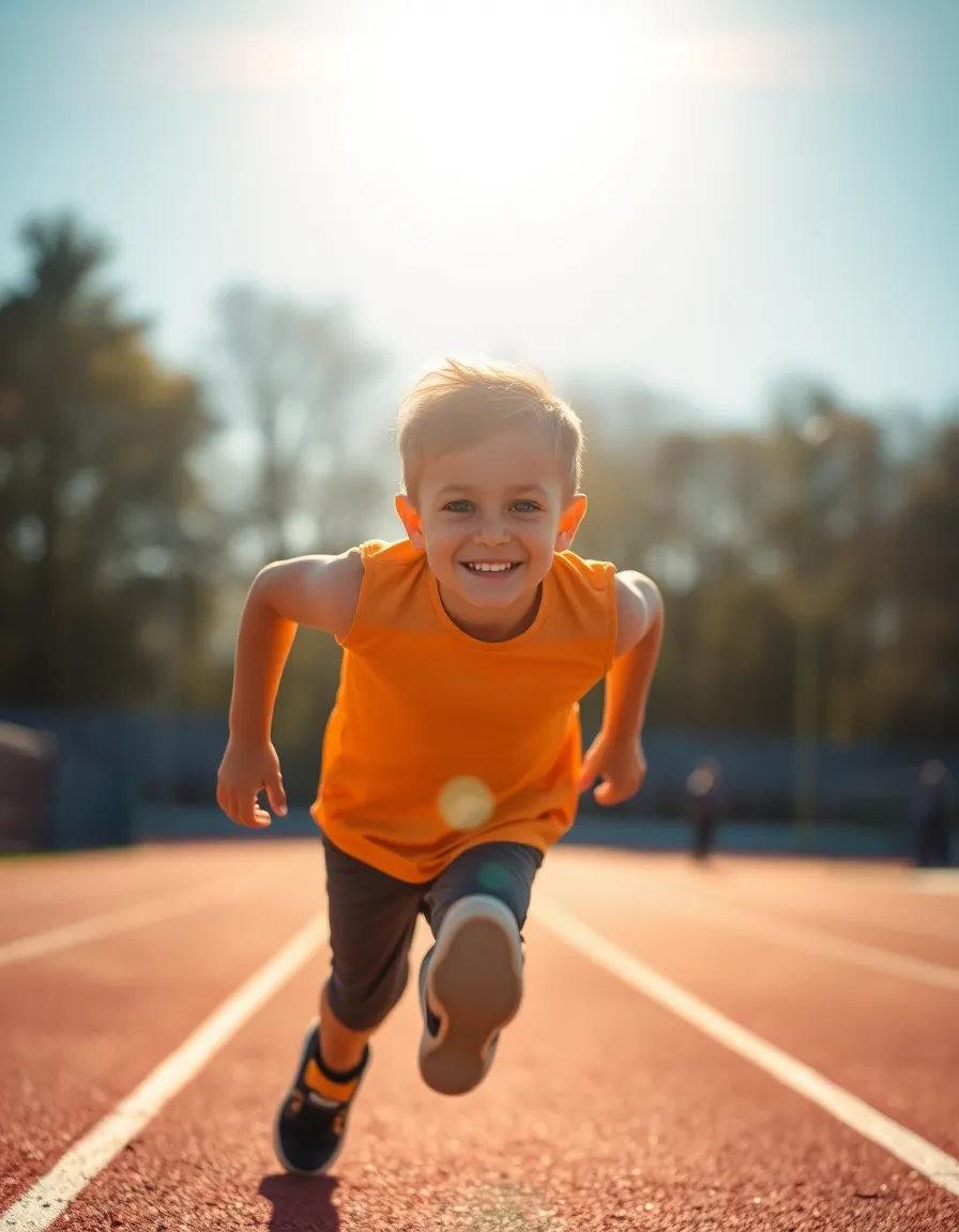 A cheerful young boy is depicted mid-run on an athletic track during golden hour, radiating energy and determination. The warm light creates an inviting atmosphere, enhancing the vivid colors of the scene. His joyful expression encapsulates the freedom of childhood and the joy of movement, making it a heartwarming portrait of youth and sports. The composition draws the viewer’s eye to the boy, celebrating his spirit and enthusiasm.