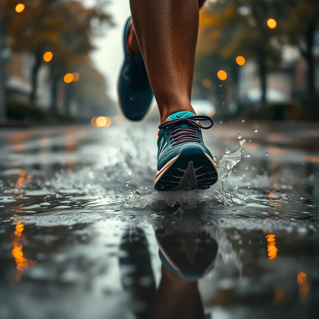 This extreme close-up captures the vibrant action of running shoes splashing through puddles during a dynamic rain-soaked run. The overcast sky sets an atmospheric tone, while the glistening pavement reflects the vivid hues of the shoes. Each splash is frozen in time, conveying a sense of motion and excitement despite the dreary weather conditions. The low-angle perspective enhances the energetic feel of the scene, inviting viewers to experience the thrill of the run.