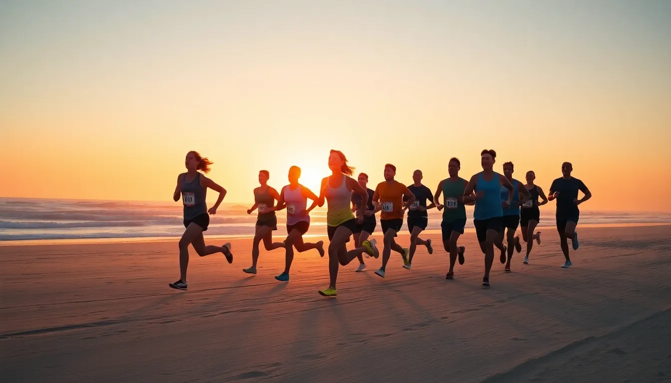 This vibrant image captures a group of diverse athletes running on a picturesque beach at sunset. Bathed in warm golden hour light, the scene conveys a sense of camaraderie and energy as they move together. The rich sunset colors enhance the beauty of the moment, while the sharp focus on the group emphasizes their determination. The textured sand and the soft waves create a stunning backdrop, making this a truly inspiring sports image.