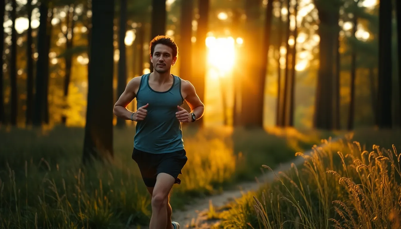 A dedicated runner sprints through a serene forest path during the golden hour, illuminated by warm backlighting. The soft bokeh of the lush greenery contrasts with the subject's dynamic pose and focused expression. This image captures the essence of morning exercise, showcasing the beauty of nature and the thrill of running. The scene is framed to emphasize the runner's movement, creating a captivating visual experience.