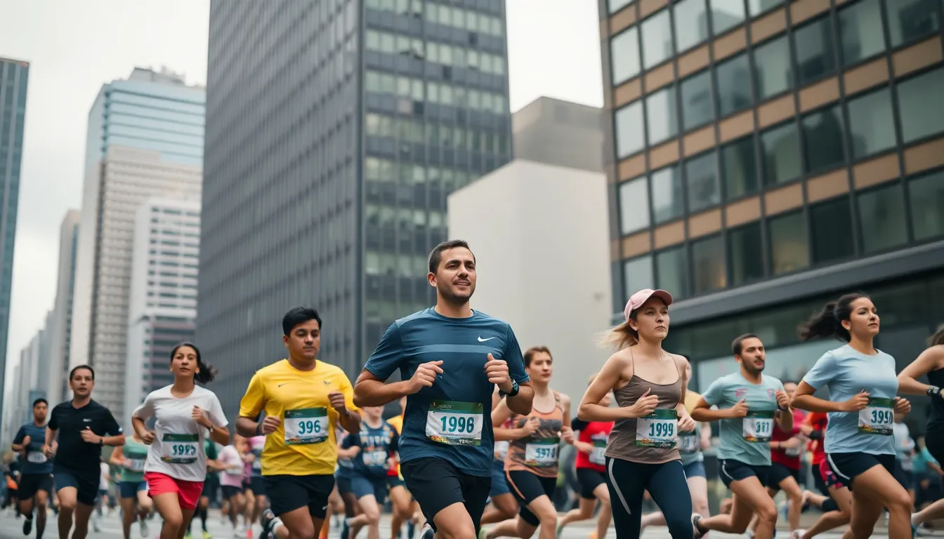 A vibrant scene of diverse runners participating in an urban marathon under cloudy skies. The overcast lighting creates soft yet vivid colors in their gear, as they push through the race with determination. Positioned thoughtfully across the frame, the runners’ expressions of focus and resilience shine through amidst the blurred city backdrop, showcasing the spirit of community and competition in a dynamic urban environment.