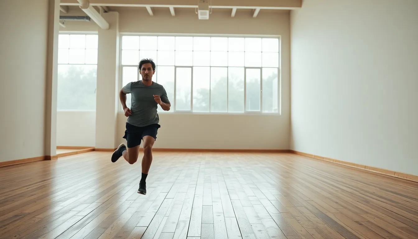 Focused Runner Training Indoors A dedicated runner is seen training indoors on a wooden gym floor, their expression intense and focused as they push through their routine. The soft, diffused daylight filtering in through large windows creates a tranquil yet serious atmosphere, enhancing the natural colors of the scene. The shallow depth of field draws attention to the runner, while the texture of the gym floor adds detail to the environment.