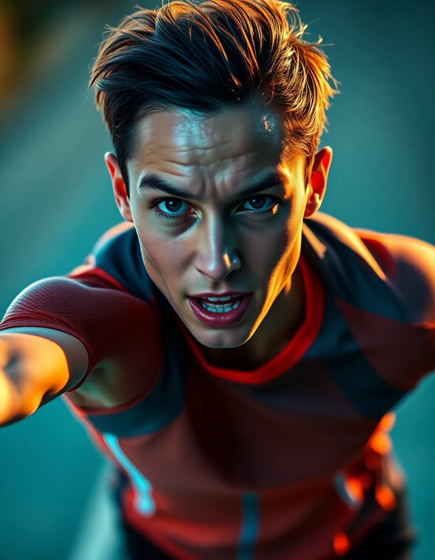 An intense close-up captures the determination on a runner's face as they propel forward during training. Soft shadows illuminate their features, while the vibrant teal and orange color grading communicates a sense of energy. Detailed textures in the athletic gear reveal the craftsmanship and functionality designed for performance. This image effectively conveys the passion and dedication of runners in their pursuit of excellence.