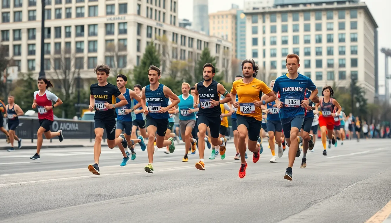 A dynamic scene captures a diverse group of runners racing down an urban street under an overcast sky. The diffused daylight softens shadows, creating an even atmosphere that enhances the sense of motion. Each athlete's focused expression and unique outfit reflect their individual styles, while the pavement's leading lines guide the viewer's gaze. This image embodies the spirit of competitive running in a bustling city environment.