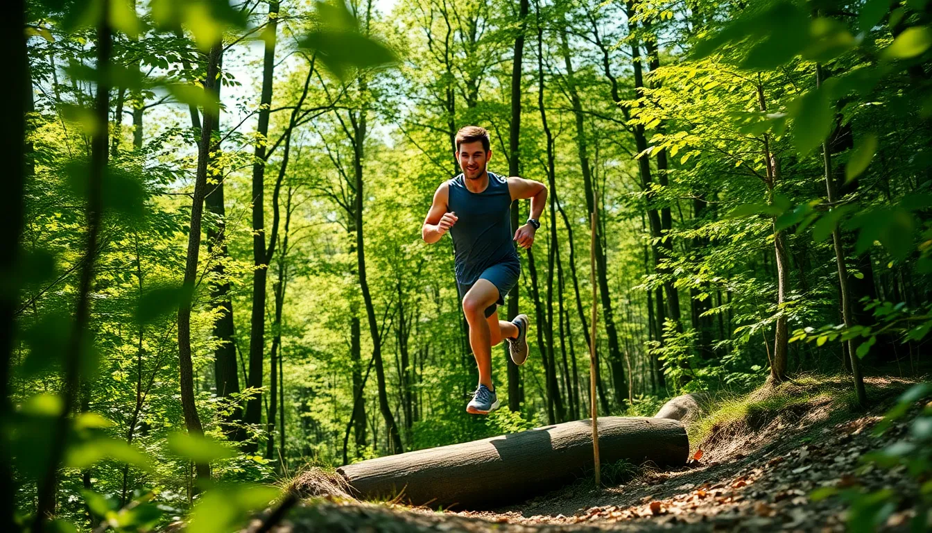 A dynamic image of a male runner sprinting through a lush forest trail, captured under dappled sunlight. The scene highlights the strength and determination of the athlete, framed beautifully by the surrounding trees. Vivid greens and warm browns elevate the natural beauty, emphasizing the energy of the moment. The shallow depth of field draws attention to the runner's focused expression and detailed athletic wear.