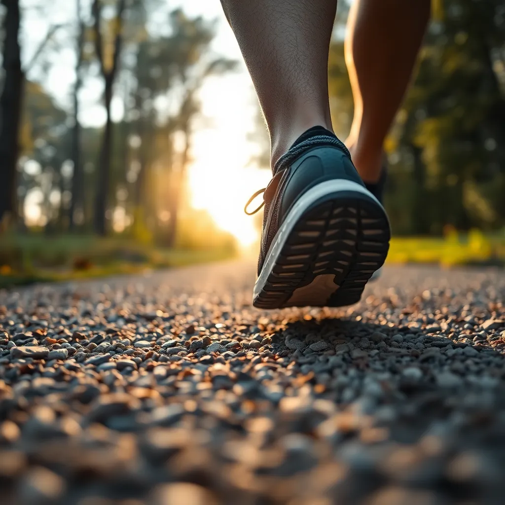 This close-up image portrays a running shoe striking the ground on a gravel trail during early morning. The intricate texture of the shoe is highlighted by soft ambient light, emphasizing its design and function. The gentle shadows cast by the shoe reveal details of the gravel surface, complementing the natural muted colors of the surrounding landscape. This composition invites viewers to connect with the essence of running and the beauty of the outdoors.