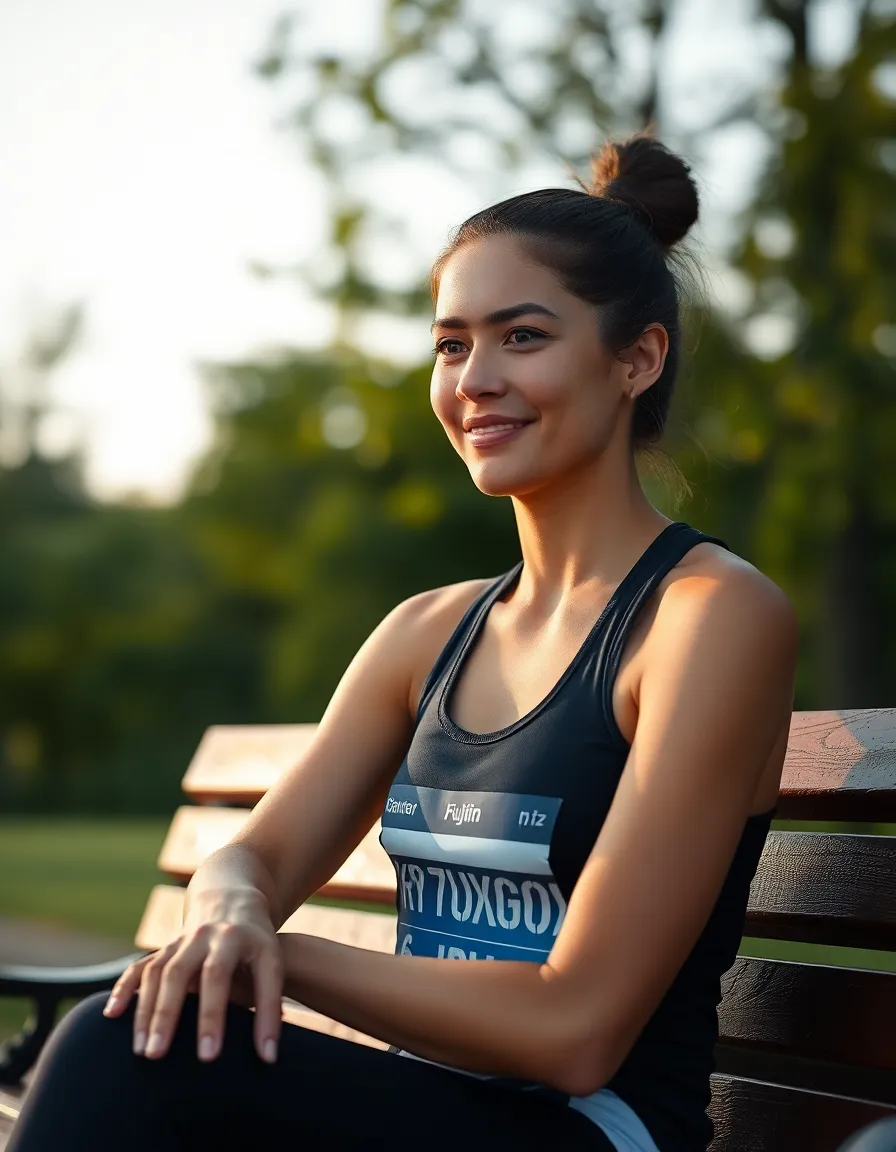 Post-Race Portrait of a Marathon Runner This intimate portrait showcases a female marathon runner taking a moment to rest after completing her race. Captured in soft afternoon light, her expression reflects a mixture of triumph and fatigue, providing a relatable glimpse into the emotional journey of athletes. The natural textures of her athletic gear and the warm wooden bench create a cozy atmosphere. The muted color palette enhances the serene mood, inviting viewers to empathize with her experience.