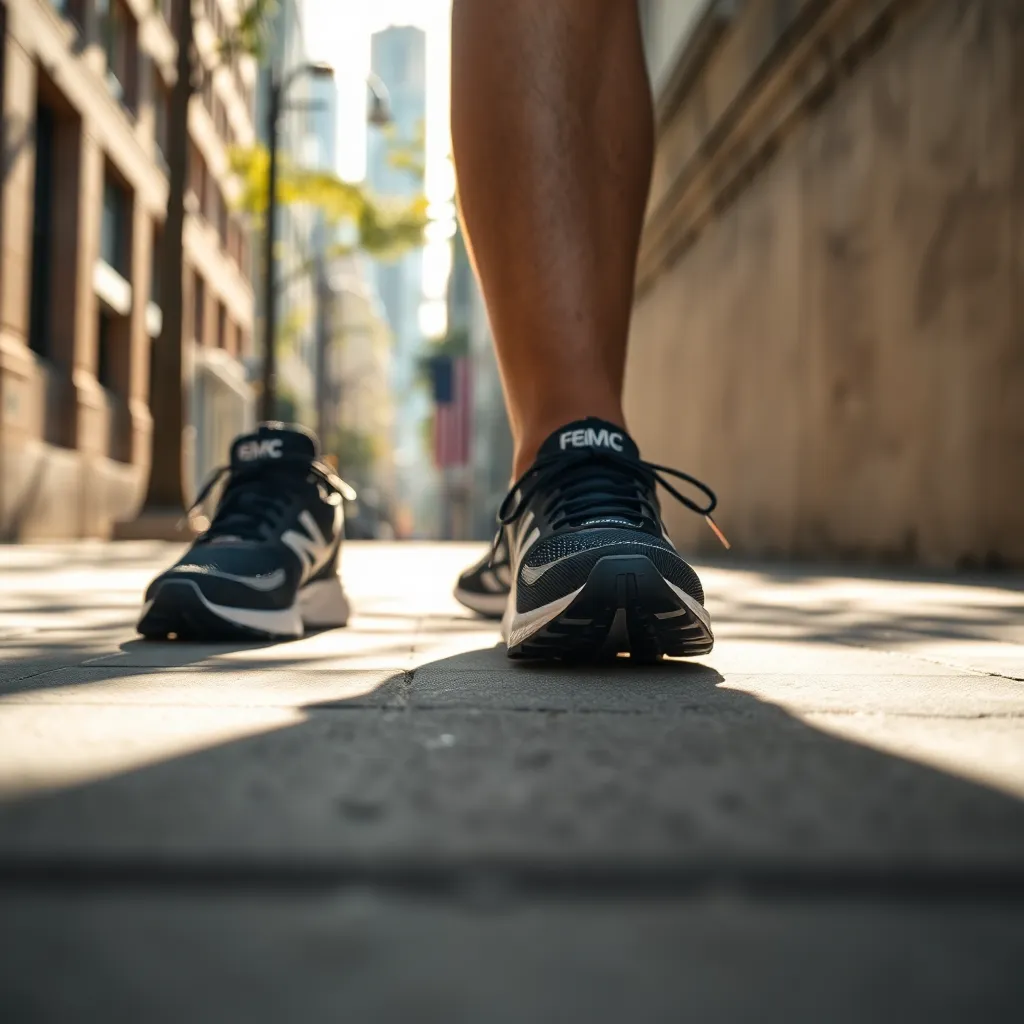 A captivating close-up shot of running shoes resting on a textured urban sidewalk, invoking the spirit of city running. Dappled sunlight creates a beautiful interplay of light and shadow, emphasizing the shoes' details against the gritty backdrop. The composition draws the viewer's eye from the shoes to the implied journey through the city, encapsulating urban athleticism in a single frame.