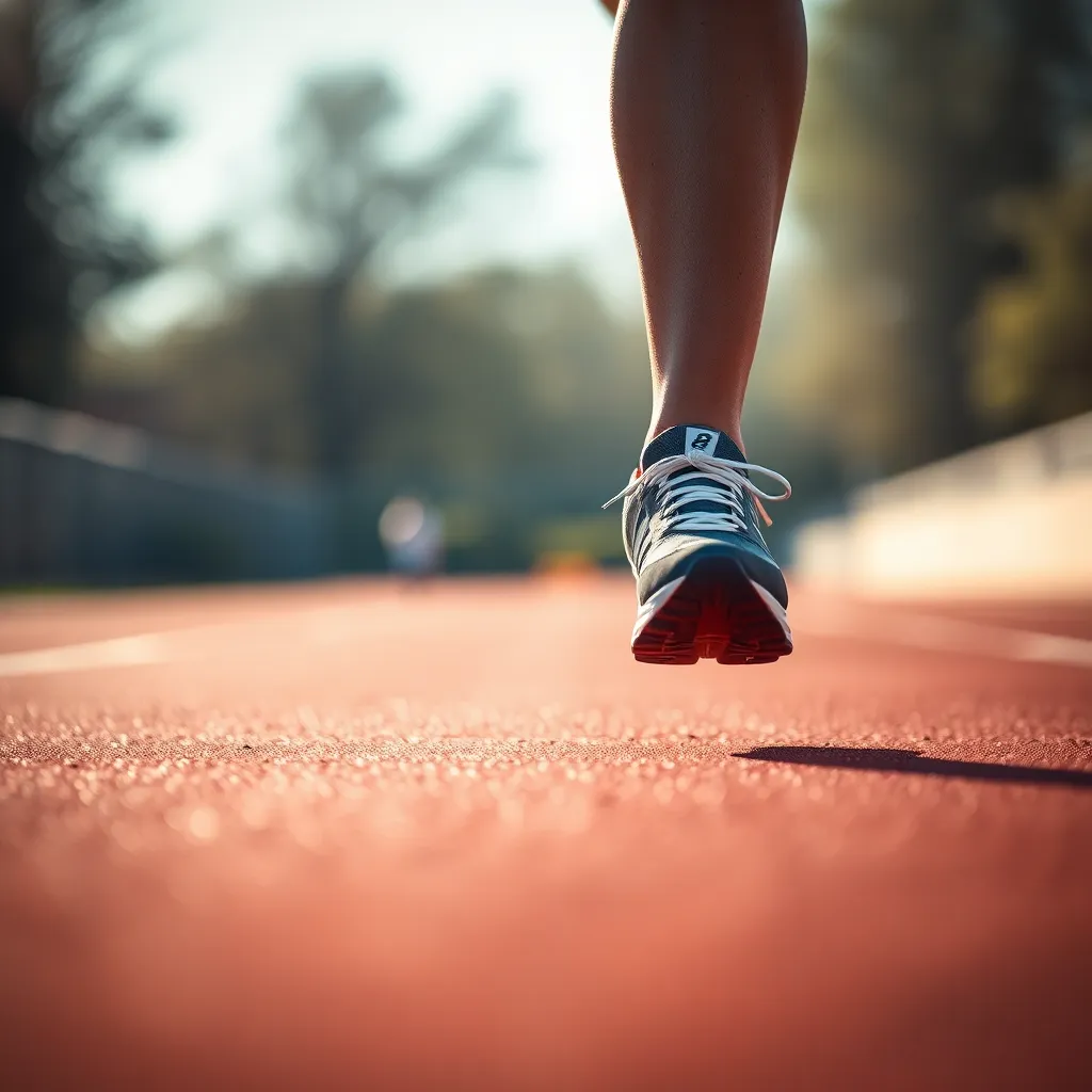 An intense close-up of a runner's feet striking the track, perfectly timed to capture the essence of speed and motion. The warm glow from the practical lighting creates an inviting atmosphere, while the textured surface of the track adds depth to the image. The selective focus draws attention to the intricacies of the running shoes and the energy of the moment. This artistic shot conveys the passion and dedication of athletics, celebrating every stride taken.
