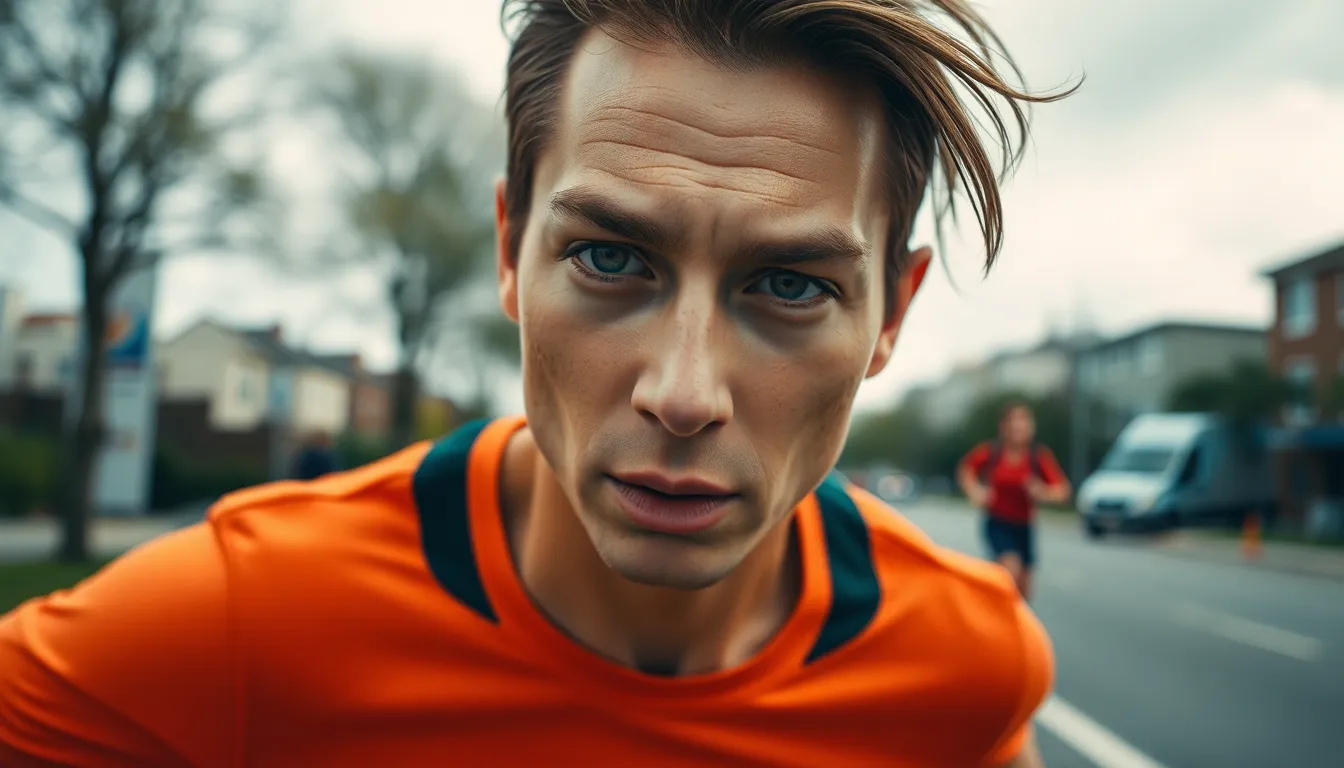 Determined Runner in Motion A stunning moment is captured as a determined runner strides purposefully down an urban street under overcast skies. The dramatic Dutch angle adds energy and urgency to the scene, while soft lighting captures natural facial details and the texture of athletic clothing. The cinematic color grading enhances the mood, creating a striking image that conveys strength and focus.