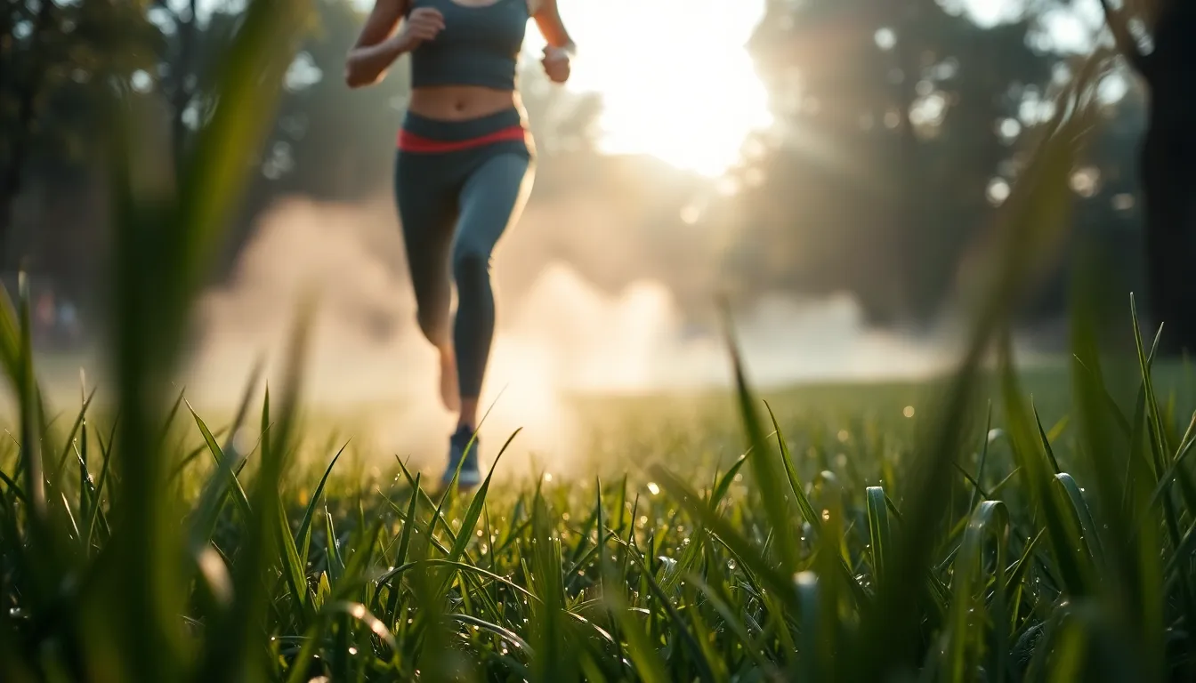 A lively runner dashes through a misty city park in the early morning, with dew glistening on grass blades around their feet. The gentle sunlight filters through the trees, casting a serene glow on the scene. This image encapsulates the freshness of the morning workout, showcasing the runner's vibrant attire against the soft background. The composition cleverly uses foreground framing to create depth, inviting viewers into the experience.