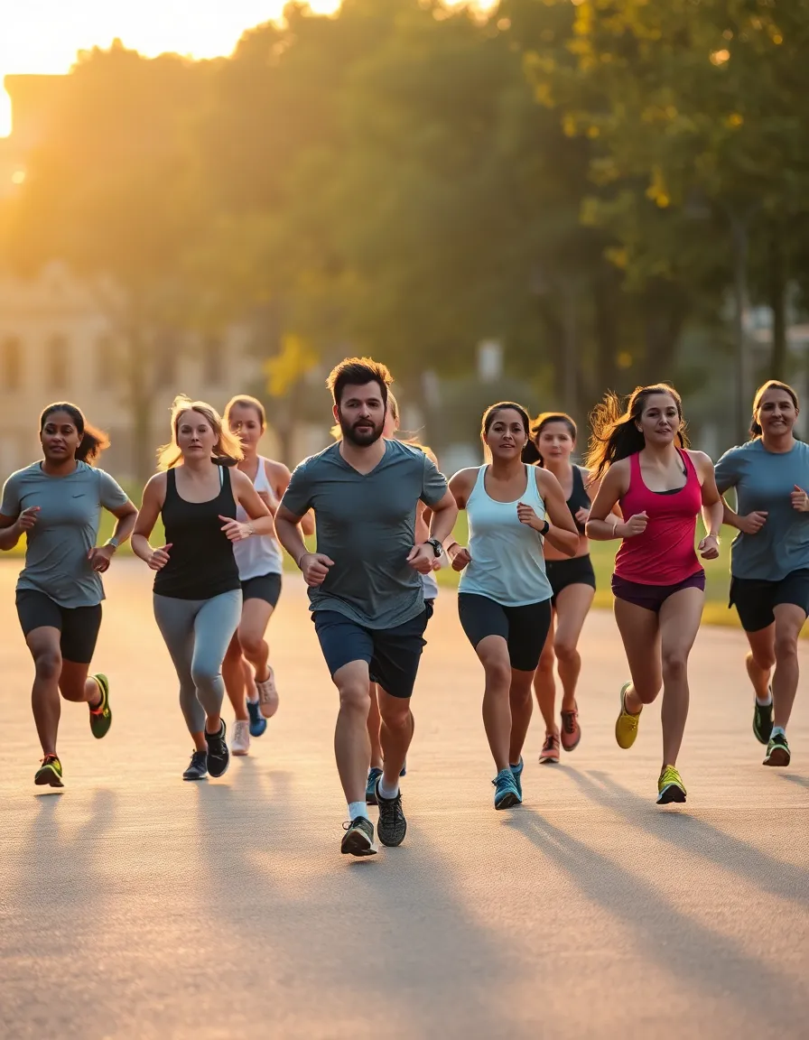 A vibrant scene features a diverse group of runners jogging together in an urban park at sunset. The golden light beautifully illuminates their colorful active wear, creating an inviting atmosphere. The soft shadows and shallow depth of field enhance the dynamic, social nature of the activity. Their arrangement showcases unity among athletes, with the warm colors emphasizing a sense of community and vitality.