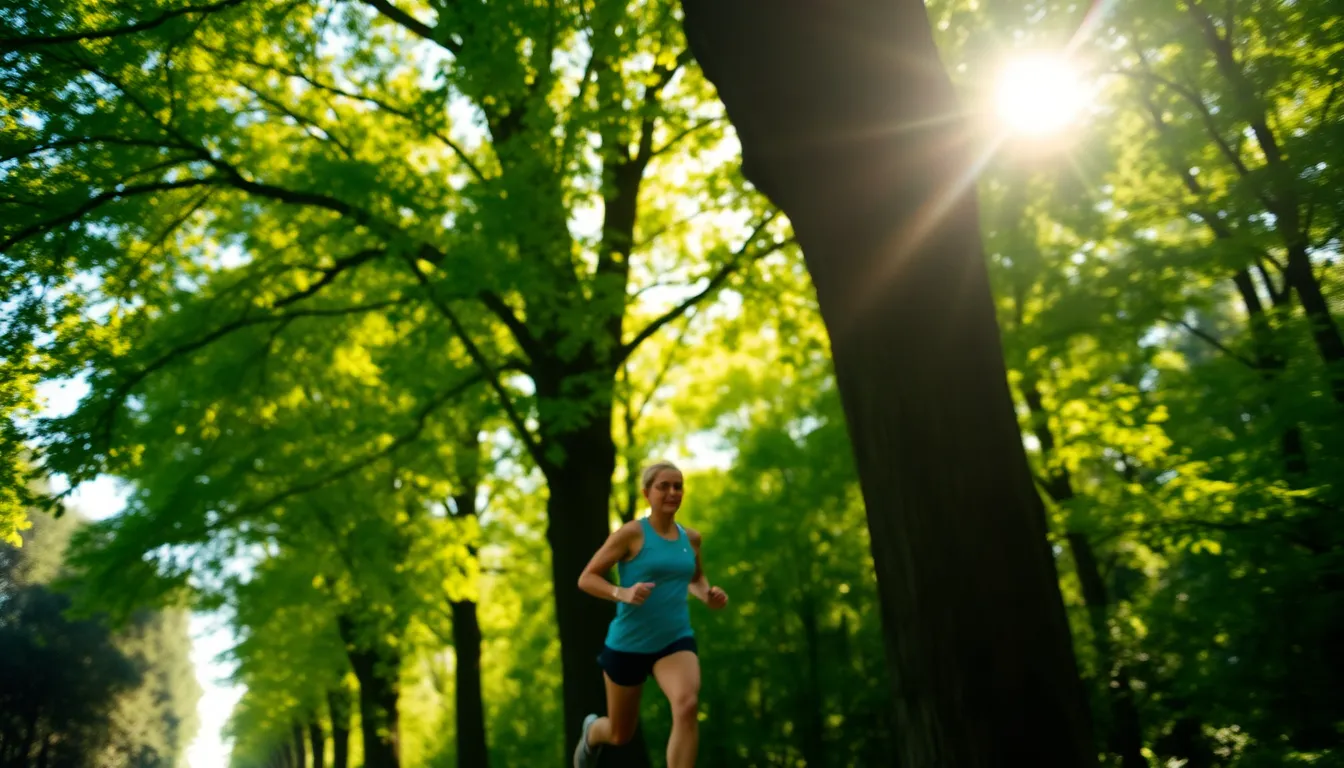 Runner Through Forest Trail A vibrant scene capturing a runner in action as they navigate a sun-dappled forest trail. The interplay of light and shadow creates a dynamic atmosphere, with bright greens and rich earth tones setting an invigorating mood. The carefully composed shot emphasizes the runner's movement against the lush backdrop, creating a feeling of freedom and energy in nature.