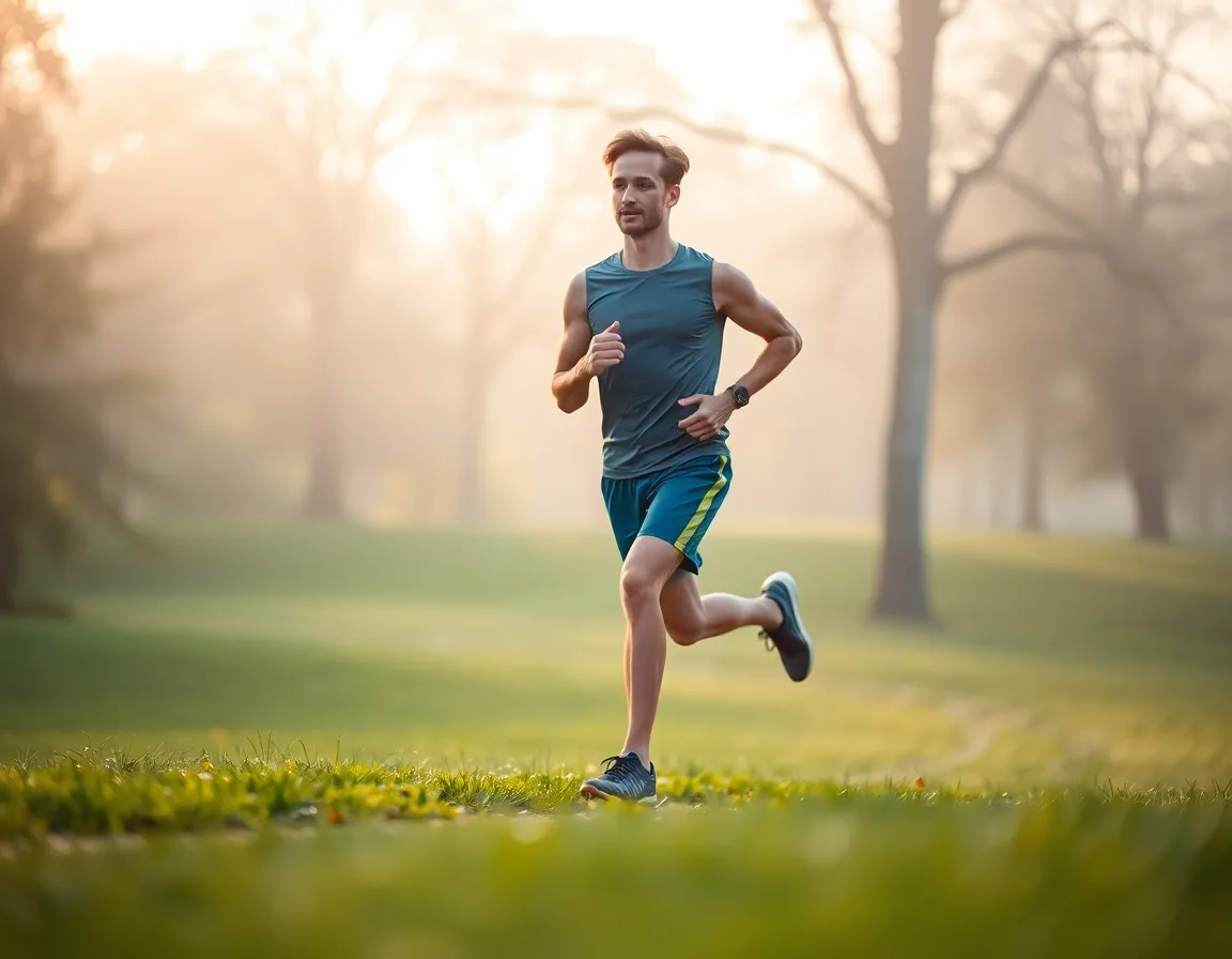 A male runner jogs peacefully through a park enveloped in morning mist, creating a serene and tranquil atmosphere. The selective focus captures the runner's calm expression, while the vibrant greens of the grass and foliage pop with saturated colors. Soft bokeh shapes float in the background, enhancing the sense of calm and focus, as dew glistens on the grass beneath his feet. This image encapsulates the beauty of morning exercise within nature.