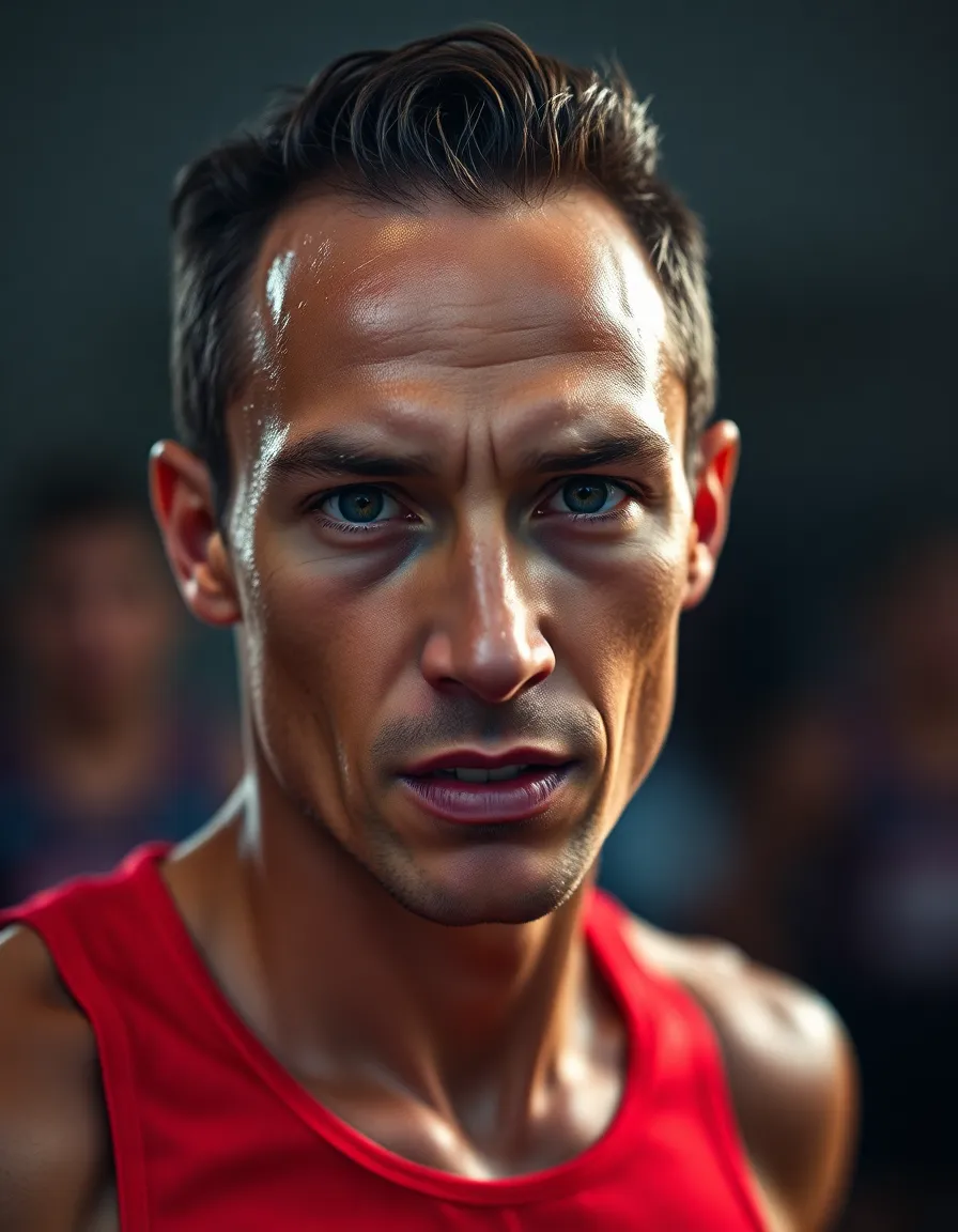 An intimate portrait of a runner captured in a studio setting, showcasing their intense focus and determination. The soft lighting highlights the runner's facial features and the moisture of exertion, emphasizing the hard work and commitment behind their athletic pursuits. The vibrant color palette injects energy into the composition, inviting the viewer to feel the passion of the runner ready to hit the ground.