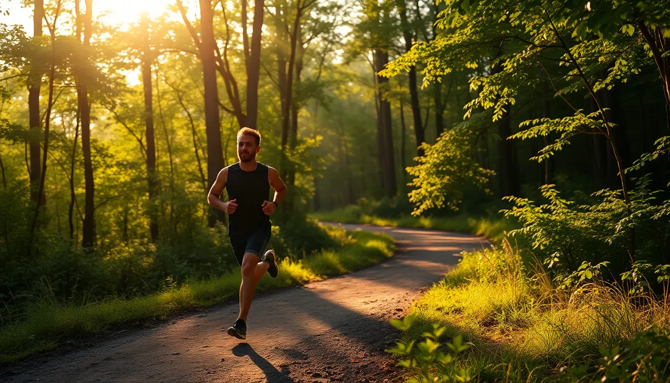 A male athlete is elegantly captured running along a forest trail in the warm light of early morning. The golden hour backlighting creates a stunning halo effect, with dappled sunlight casting playful shadows on the ground. The lush greenery and warm earthy tones enrich the atmosphere, evoking a sense of peace and freedom. The winding path leads the viewer's eye, emphasizing both movement and connection to nature.