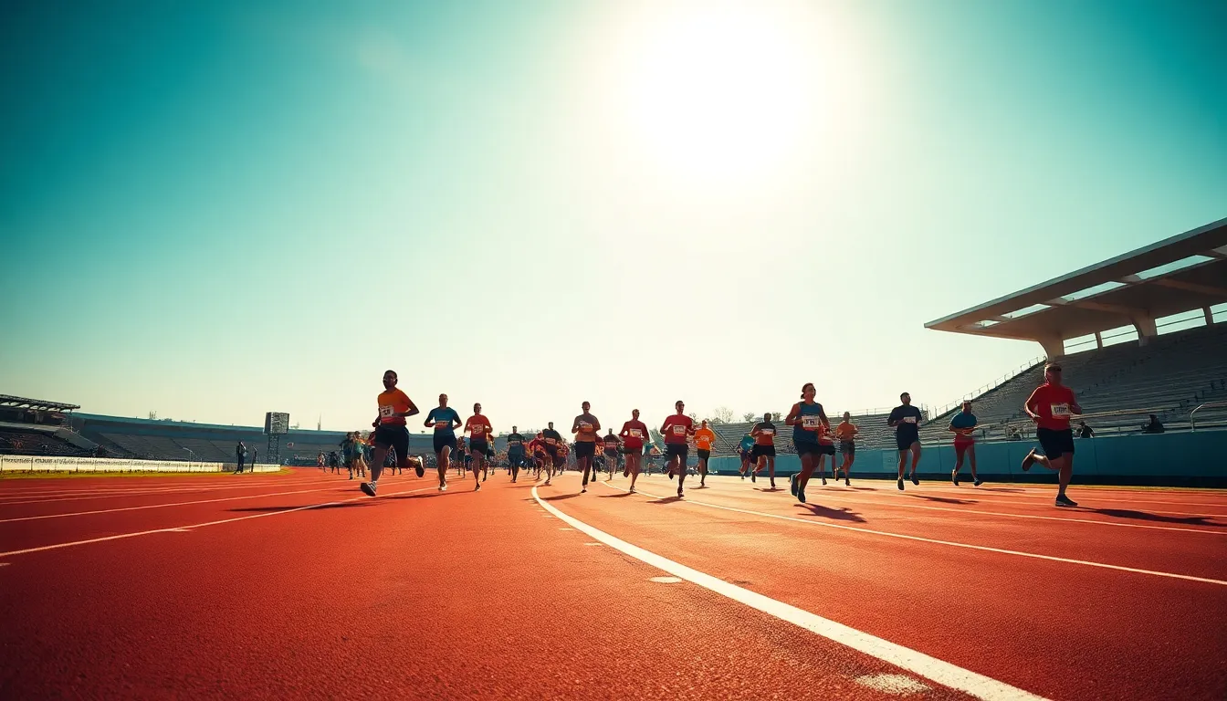 A diverse group of runners is captured mid-race on a marathon course, with vibrant energy and determination evident in their expressions. The bright midday sun casts dramatic shadows, enhancing the contrast in the teal and orange color grading, which adds a cinematic feel. The curved track creates leading lines that draw the viewer's eye, immersing them in the race atmosphere filled with excitement and competition.