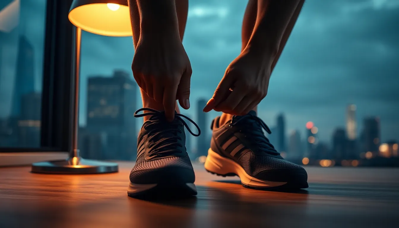 Runner Preparing for Evening Run A close-up shot of a runner lacing up their shoes against the backdrop of a blurred city skyline creates a personal connection to the sport. The warm tungsten light casts inviting shadows, enhancing the mood of an early evening workout. The soft textures of the running shoes stand out against the muted city lights, establishing a sense of readiness and anticipation.