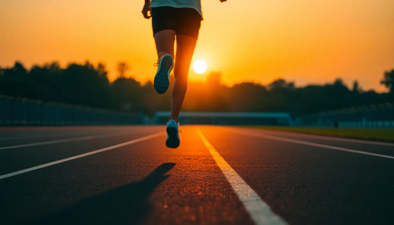A striking image of a runner in motion captured during sunset, with warm hues radiating from the sky. The athlete's form is highlighted against the vibrant backdrop, showcasing determination and strength. The leading lines of the track guide the viewer's gaze towards the runner, while the textures of their shoes and surroundings add depth. This scene encapsulates the exhilarating spirit of running at dusk.