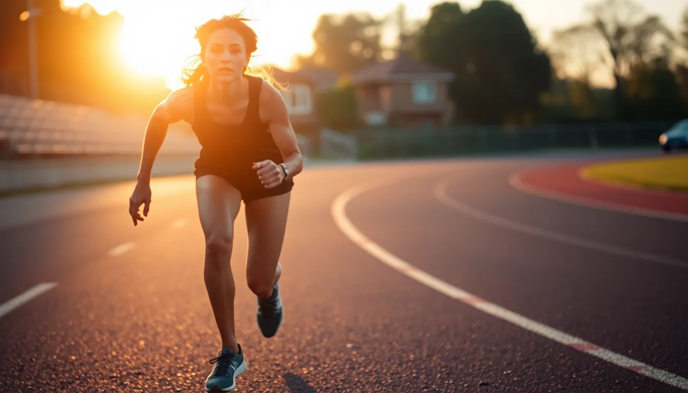 A dedicated runner strides along a sunlit track during golden hour, exuding focus and determination. The warm backlighting creates a striking halo effect, enhancing the athlete's profile. Rich golden hues and soft bokeh in the background contribute to an uplifting atmosphere. The textured asphalt beneath their feet adds authenticity to the scene, making it perfect for sports and motivation themes.