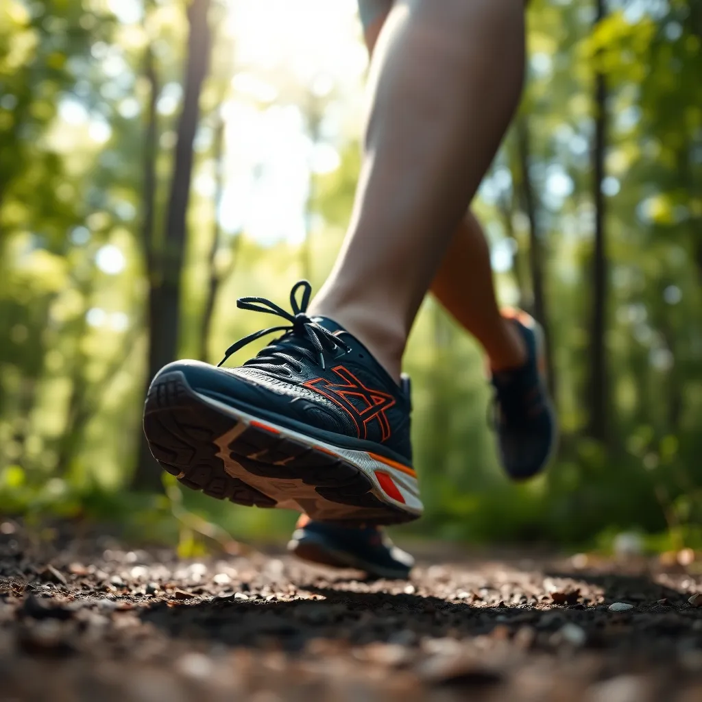 A captivating close-up of running shoes in motion on a forest trail, illuminated by dappled sunlight filtering through the trees. The soft, painterly bokeh of lush greenery surrounds the shoes, creating an intimate focus on their details and motion. The earthy tones combined with vibrant shoe colors beautifully convey the spirit of nature and movement. This artistic capture reflects the energy and freshness of running in a natural environment.