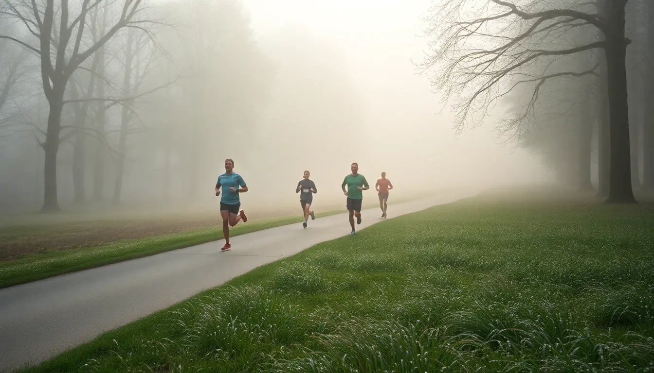 A serene scene of runners navigating a misty path surrounded by nature reveals the tranquility of morning exercise. The soft diffused light creates a peaceful atmosphere, enhanced by the muted colors of the fog. Leading lines of the winding path attract the viewer's eye toward the group, embodying a sense of community in fitness. The dew on the grass adds subtle texture, encapsulating the beauty of outdoor running.