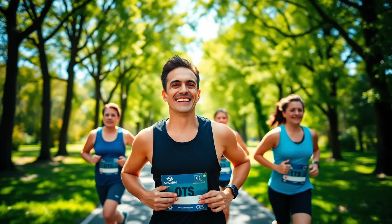 This lively image features a group of runners enjoying their time in a lush green park on a sunny day. With vibrant highlights illuminating their skin and athletic gear, the scene exudes energy and vitality. The shallow depth of field beautifully frames the participants against the blurred background of trees, while the bright greens and blues enhance the cheerful atmosphere. Leading lines of the running path guide the viewer's eye, capturing the joy and camaraderie of the moment.