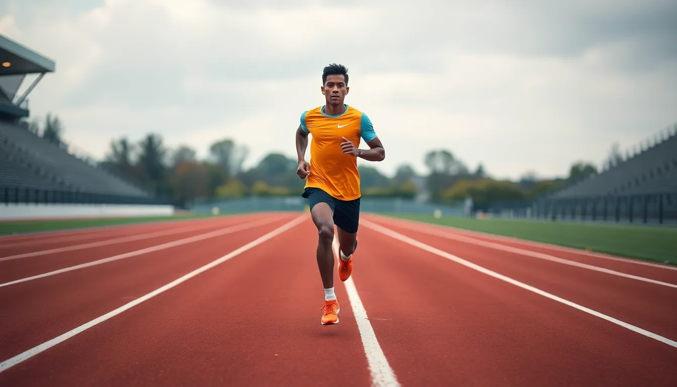 An athlete sprints with determination on a running track under soft overcast lighting. The striking colors of their jersey pop against the muted track surface. This image highlights the raw energy and focus of competitive running, capturing the moment in perfect detail. The selective focus draws attention to the runner's fierce expression and athletic form while gently blurring the surrounding environment.