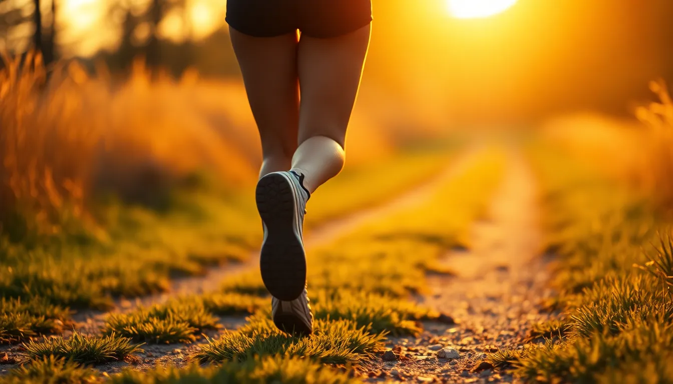 Runner on Trail During Golden Hour A female runner moves gracefully along a sunlit trail at golden hour, her silhouette beautifully outlined by warm backlighting. The rich colors of the warm sunset enhance the quiet beauty of the moment, while leading lines invite the viewer into the scene. The soft textures of the grass and trail ground the image, making it vibrant and alive.