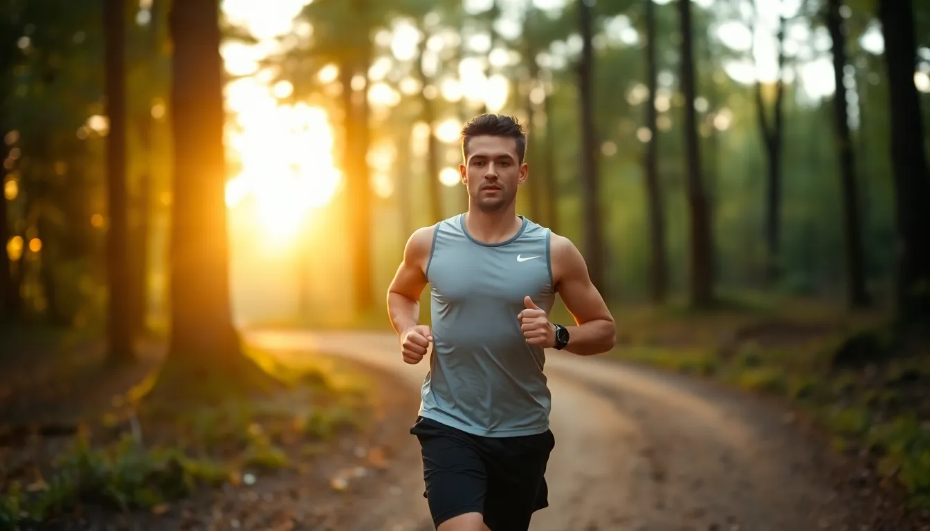Runner on a Forest Trail This stunning photograph captures a male runner sprinting through a serene forest trail illuminated by the soft light of sunrise. The image evokes a sense of tranquility and determination, with the runner's focused expression drawn sharply into view against the softly blurred background. The earthy color palette and natural textures of the surroundings enhance the feeling of being connected to nature while exercising. The warm light filtering through the trees adds a magical quality to the moment.