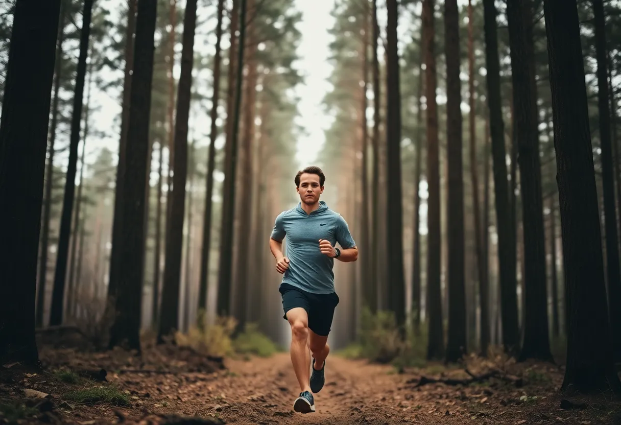 This image captures a focused trail runner navigating a serene forest path. Soft light filters through the trees, enveloping the scene in calmness. The runner's attire reflects functionality, while the earth-toned palette harmonizes with the natural surroundings. The sharp focus draws attention to both the runner and the rich textures of the forest, showcasing the beauty of running in nature.