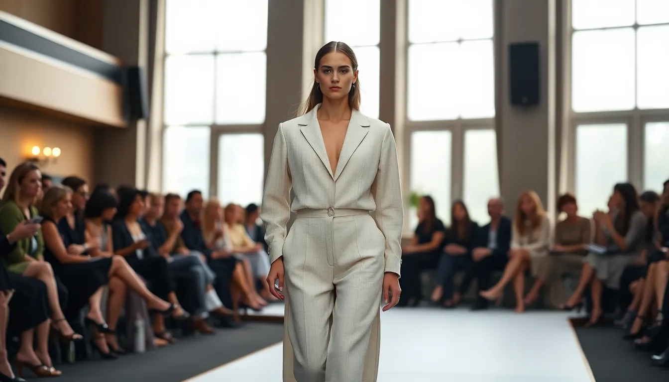 This elegant image features a model presenting a sleek, minimalist outfit on the runway, perfectly illuminated by soft, diffused daylight. The clean lines and subtle textures of the clothing are accentuated, creating a sophisticated and tranquil atmosphere. The sharp focus across the entire scene allows both the model and the attentive audience to shine, embodying the essence of high fashion. This balanced and symmetrical composition captures the graceful fusion of simplicity and style in contemporary fashion.
