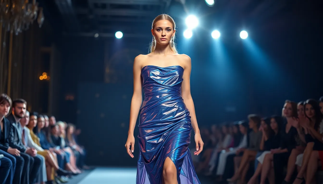 A stunning model walks confidently down the runway in a unique avant-garde dress crafted from iridescent materials that catch the light beautifully. The dramatic spotlighting creates captivating shadows, while the blurred audience enhances the focus on the model. The overall mood is energetic and artistic, with a vibrant blue and silver color palette that draws attention. This composition effectively showcases the fusion of fashion and dynamic movement within the high-stakes atmosphere of a runway show.