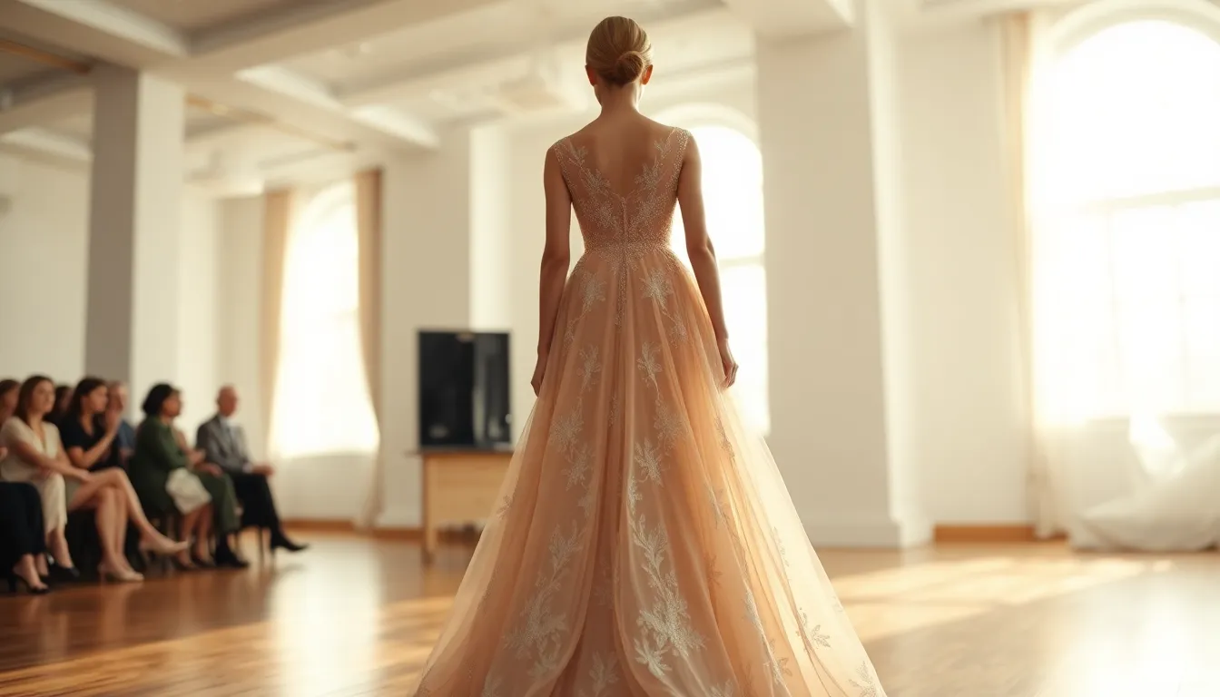 This captivating image showcases an elegant evening gown, exquisitely detailed with lace and beadwork, as it is presented on the runway. Illuminated by soft, natural daylight, the gown's delicate colors and intricate textures come to life against a serene backdrop of rich wood tones. The centered composition highlights the beautiful silhouette, creating a poised and graceful image. This shot encapsulates the essence of high fashion and artful presentation in a stunning runway setting.