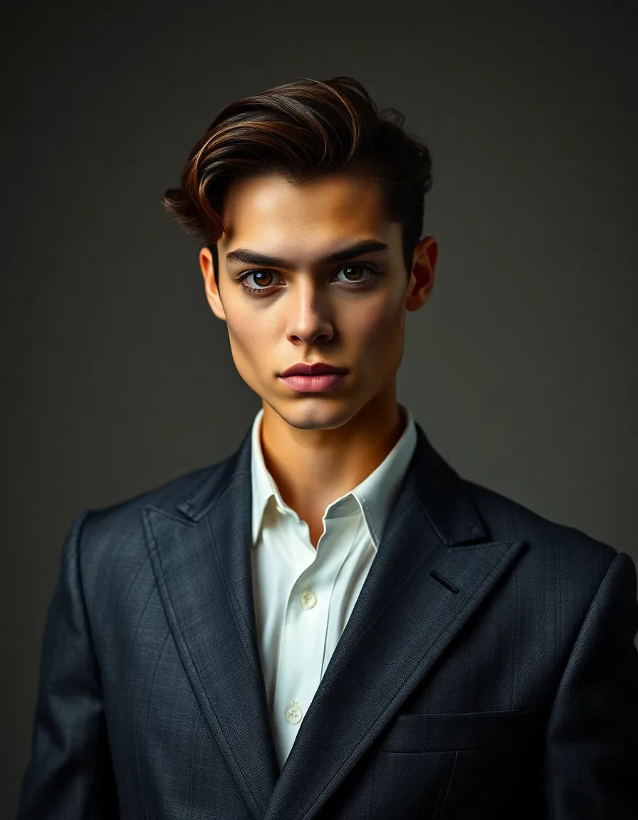 In this striking medium format photograph, a confident model embodies the spirit of gender-neutral fashion while wearing a beautifully tailored suit. The Rembrandt lighting technique adds depth and dimension to the scene, emphasizing the intricate fabric textures. The model's piercing gaze captures attention, showcasing the versatility and power of contemporary fashion. With a muted color palette and sharp contrasts, this image highlights the elegance of the suit, making it a perfect representation of modern style and individuality.