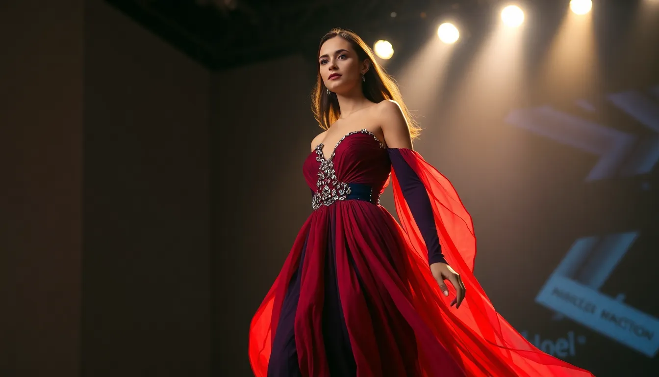 A captivating fashion model walks confidently down a vibrant runway, adorned in a striking gown embellished with intricate beadwork. The dramatic spotlighting enhances the high-contrast look, accentuating her elegance. The energetic hues of red and blue create a vibrant atmosphere, while the shallow depth of field draws attention to the model's expression and garment details. This dynamic composition captures the excitement of a live fashion show, making it ideal for fashion-themed projects.