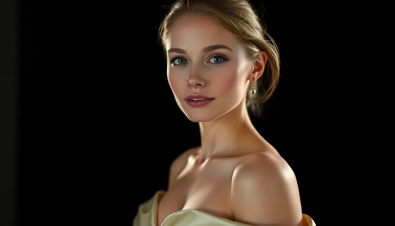 This stunning fashion image features a model elegantly poses on the runway, adorned in a flowing silk gown. The dramatic studio lighting enhances her features with soft shadows and highlights, creating a captivating allure. Shot with a Canon EOS R5, the shallow depth of field draws focus to her exquisite gown, while the warm color palette complements her natural beauty. The composition strikingly balances the model against a sleek black background for a sophisticated overall look.