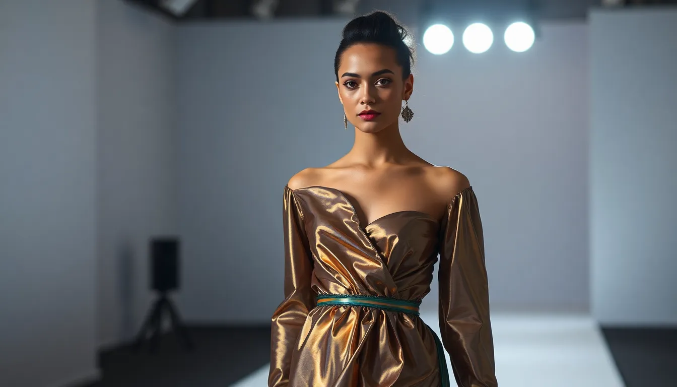 This striking image captures a model showcasing an avant-garde dress on a runway, illuminated by dramatic studio lighting. The iridescent fabric reflects vibrant jewel tones, creating a mesmerizing visual effect. With the model confidently striding forward, the shallow depth of field draws attention to her expression and the intricate details of the attire. The blurred background enhances the fashion-forward vibe of the scene, making it ideal for editorial use in the fashion industry.