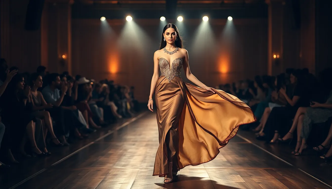 This striking image captures a model confidently walking the runway in a sheer silk gown that flows elegantly with her movements. The dramatic lighting enhances her features, while the rich, jewel-toned colors create an atmosphere of luxury. A soft, out-of-focus background emphasizes her presence, and the leading lines of the runway guide the viewer's attention. The delicate texture of the gown is beautifully rendered, showcasing the intricacies of the fabric.