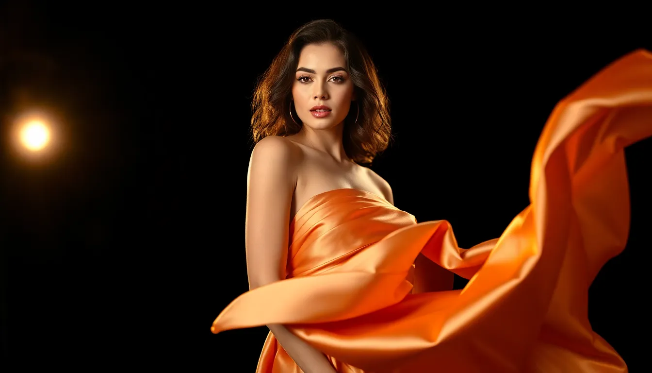 Elegant Model in Silk Gown on Runway A stunning fashion model poses on the runway, showcasing a luxurious silk gown that flows gracefully with her movements. The dramatic studio lighting accentuates the rich textures of the fabric and the model's natural beauty. Warm colors create an inviting mood, drawing attention to the intricate details of the gown. The blurred background emphasizes the model, making her the focal point of this high-fashion scene.