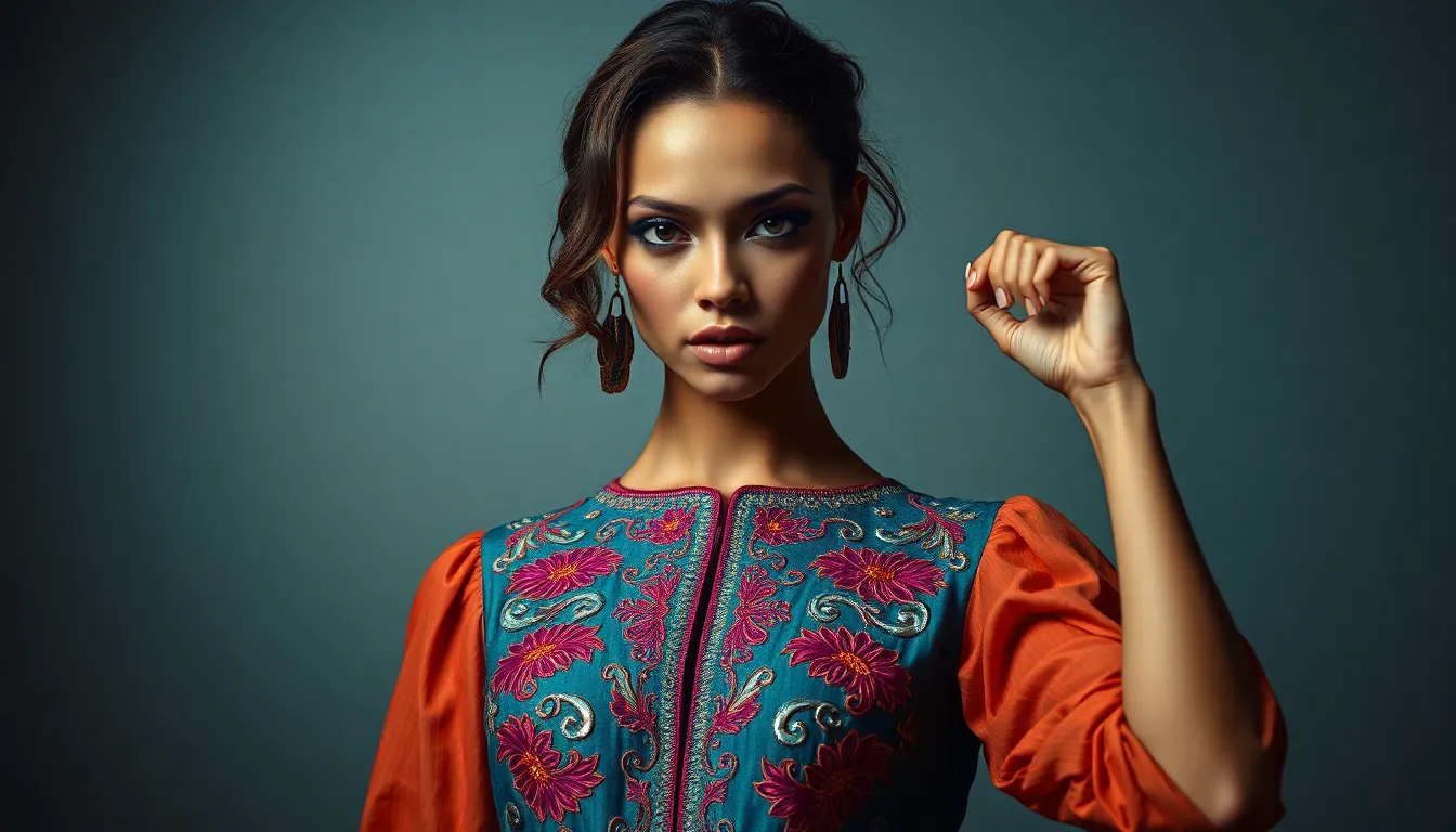 In a dramatic studio setting, a fierce model poses confidently in a bold embroidered dress. The composition, centered and symmetrical, draws attention to the intricate details of the fabric and the model's striking expression. Enhanced by dramatic Rembrandt lighting, the saturated colors come to life, making this an eye-catching representation of contemporary runway fashion. The shallow depth of field creates an intimate atmosphere, inviting admiration for the artistry in the design.