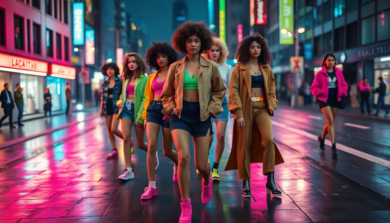 This lively image captures a group of diverse models strutting their unique street fashion on an urban runway. Neon colors reflect off the wet pavement, creating a vibrant atmosphere that enhances the energy of the scene. With a shallow depth of field, the focus remains on the models, drawing attention to their stylish outfits. The composition employs dynamic angles, presenting a sense of movement and excitement, while rich textures of the clothing and city surfaces come to life.
