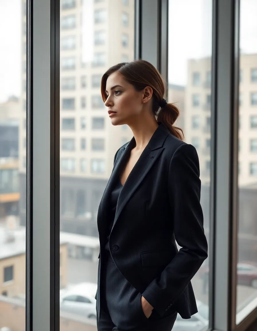 A model exudes sophistication in a tailored suit, captured in soft, diffused daylight that highlights her natural beauty. The delicate textures of the fabric contrast beautifully with the urban landscape glimpsed through the glass windows behind her. The overall muted earth tones of the image create a calm, elegant atmosphere. The thoughtful pose and off-center placement in the composition add depth and interest, inviting the viewer into her world.