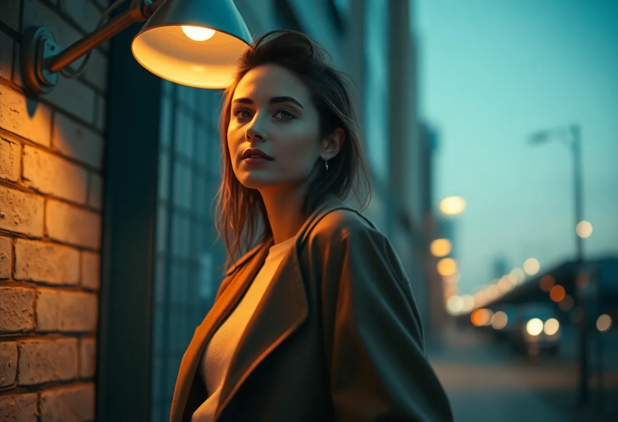 A chic model leans against a textured urban wall, illuminated by the warm glow of a tungsten desk lamp that casts dramatic shadows. The Dutch angle composition creates a sense of dynamic tension, while the shallow depth of field draws attention to the model's fashionable outfit that artfully combines contemporary and vintage elements. Desaturated colors enhance the mood, blending muted blues and warm browns for a stylish aesthetic. This image encapsulates the essence of modern urban fashion, inviting viewers to appreciate the details.