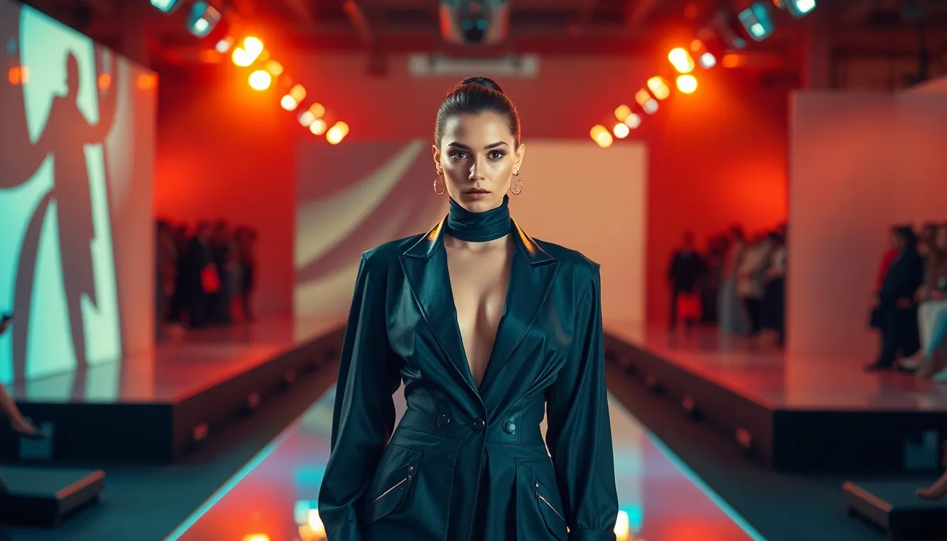 This stunning image captures a model strutting confidently on an outdoor runway during sunset, showcasing a modern tailored suit with bold patterns. The warm hues of the sunset create dramatic shadows and highlights, enhancing the lively atmosphere. With everything in focus, the scene conveys depth and sharp details, from the model to the vibrant audience in the background. The rich textures of her attire contrast beautifully against the backdrop, making for a captivating fashion moment.