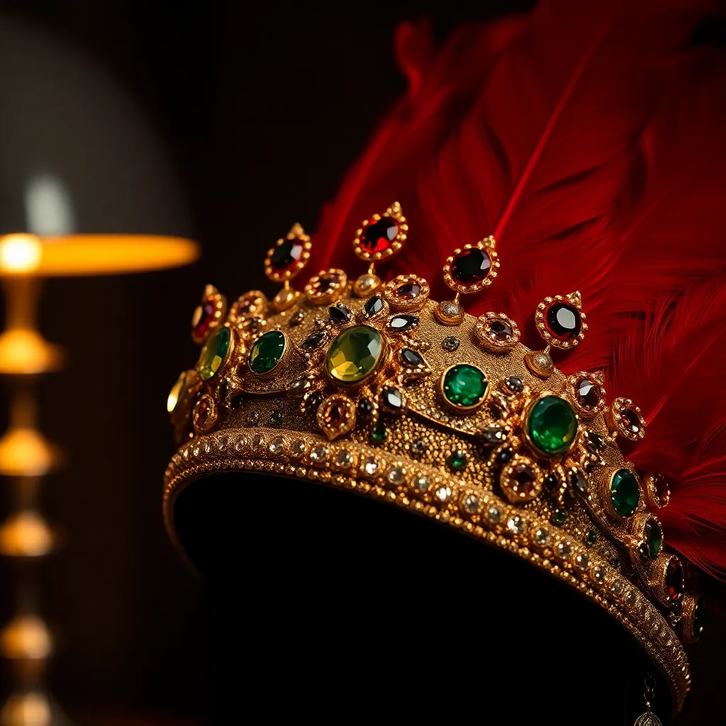 In this luxurious close-up image, an intricately designed headpiece adorned with gems and feathers is captured beautifully under warm tungsten lighting. The rich textures and sparkling colors of gold, red, and green are vividly detailed, showcasing the craftsmanship involved. The shallow depth of field enhances the focus on the headpiece, creating a captivating visual that emphasizes its elegance. Ideal for fashion or accessories catalogues, this image embodies opulence and artistry.