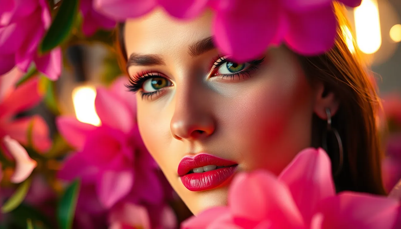 An exquisite close-up portrait showcases a model's glamorous makeup against a vibrant floral backdrop. Warm tungsten lighting enhances the depth and richness of colors, making the model's striking features pop. The creamy bokeh softens the flowers behind her, creating a romantic and artistic atmosphere. With a focus on her radiant skin and vibrant lipstick, this image captures the essence of beauty and elegance in a unique fashion context.