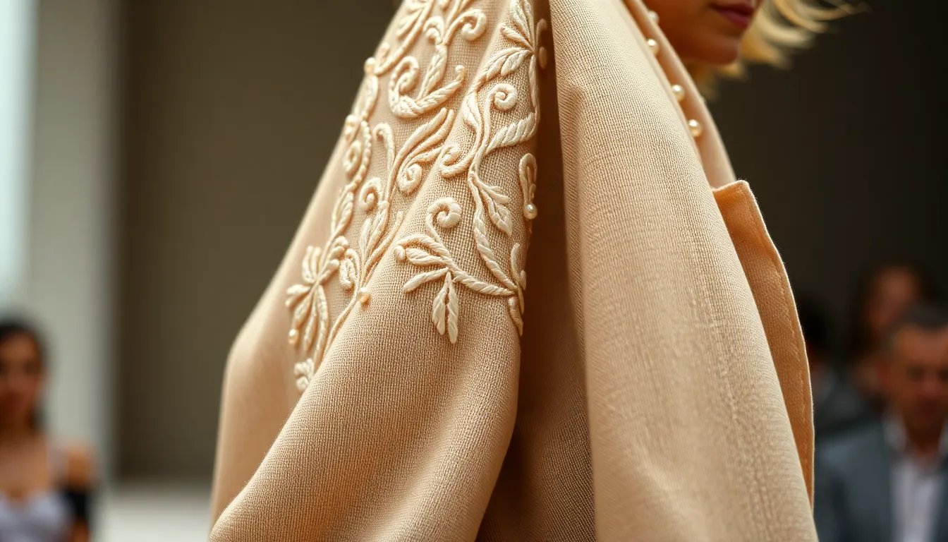 This exquisite close-up image captures the intricate details of an embroidered garment featured on the runway. Shot with a Fujifilm GFX 100S, the soft overcast daylight beautifully highlights the textures of the fabric while a shallow depth of field draws attention to the meticulous embroidery. The natural muted tones lend an air of sophistication, perfectly complementing the artistry of the design. The composition creatively hints at the model’s silhouette in the background, adding another layer of intrigue to this fashion-focused shot.