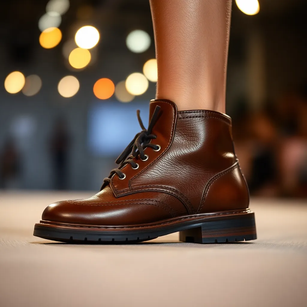 An exquisite macro shot captures the intricate details of fashionable footwear displayed on the runway. The lighting beautifully accentuates the rich textures of leather, with earth tones complemented by subtle metallic glimmers. The shallow depth of field creates a soft and creamy bokeh, making the footwear the focal point of the image. This detail shot highlights the craftsmanship and creativity inherent in contemporary fashion design.